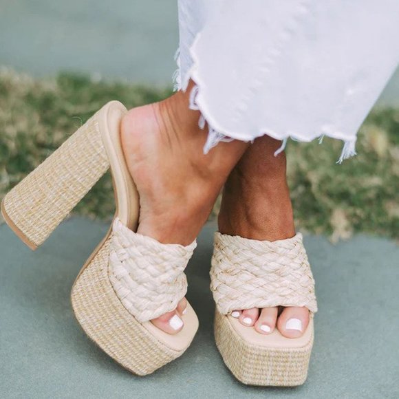NEW🔥 Natural Raffia Open Toe Chunky Platform Sky High Heel Sandal Mules Slip-On - Picture 2 of 6